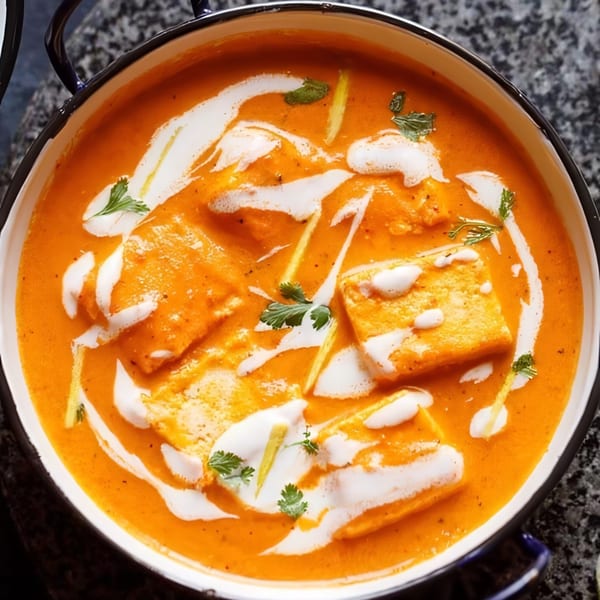 Overhead view of Desi Mama's paneer butter masala, garnished with cream swirls, cilantro, and ginger.