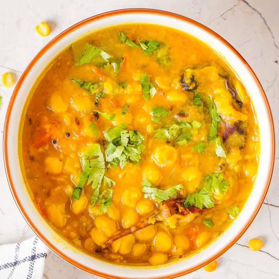 Close-up of a bowl of yellow Indian chana dal, garnished with fresh green cilantro.