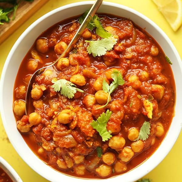 A white bowl of Desi Mama's Indian chana masala, garnished with fresh cilantro and a spoon.