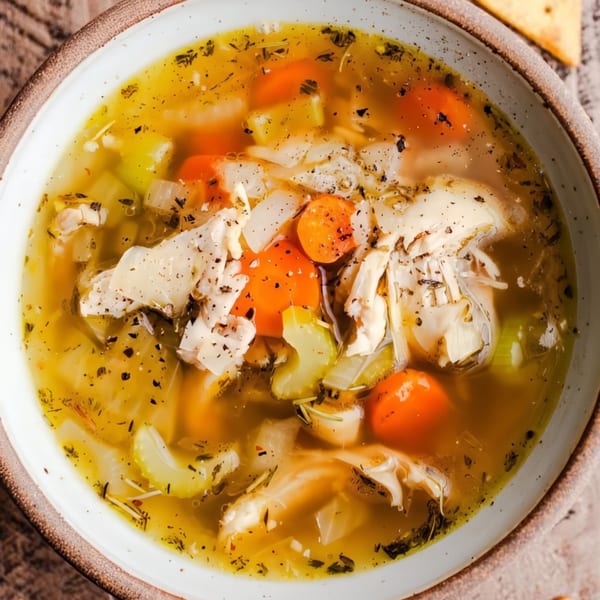 Close-up of a bowl of Desi Mama's Indian chicken soup with carrots, celery, and herbs.