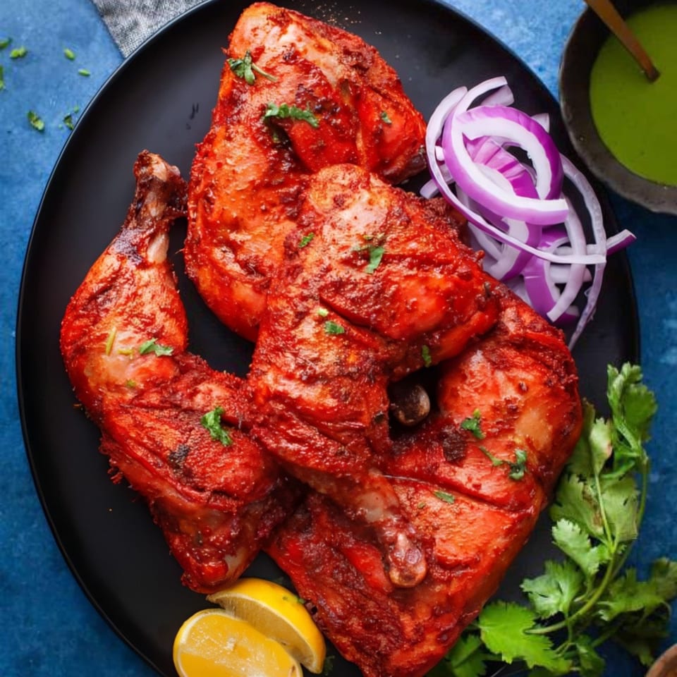 Desi Mama Restaurant's Indian tandoori chicken, garnished with red onions, cilantro, and lemon wedges.