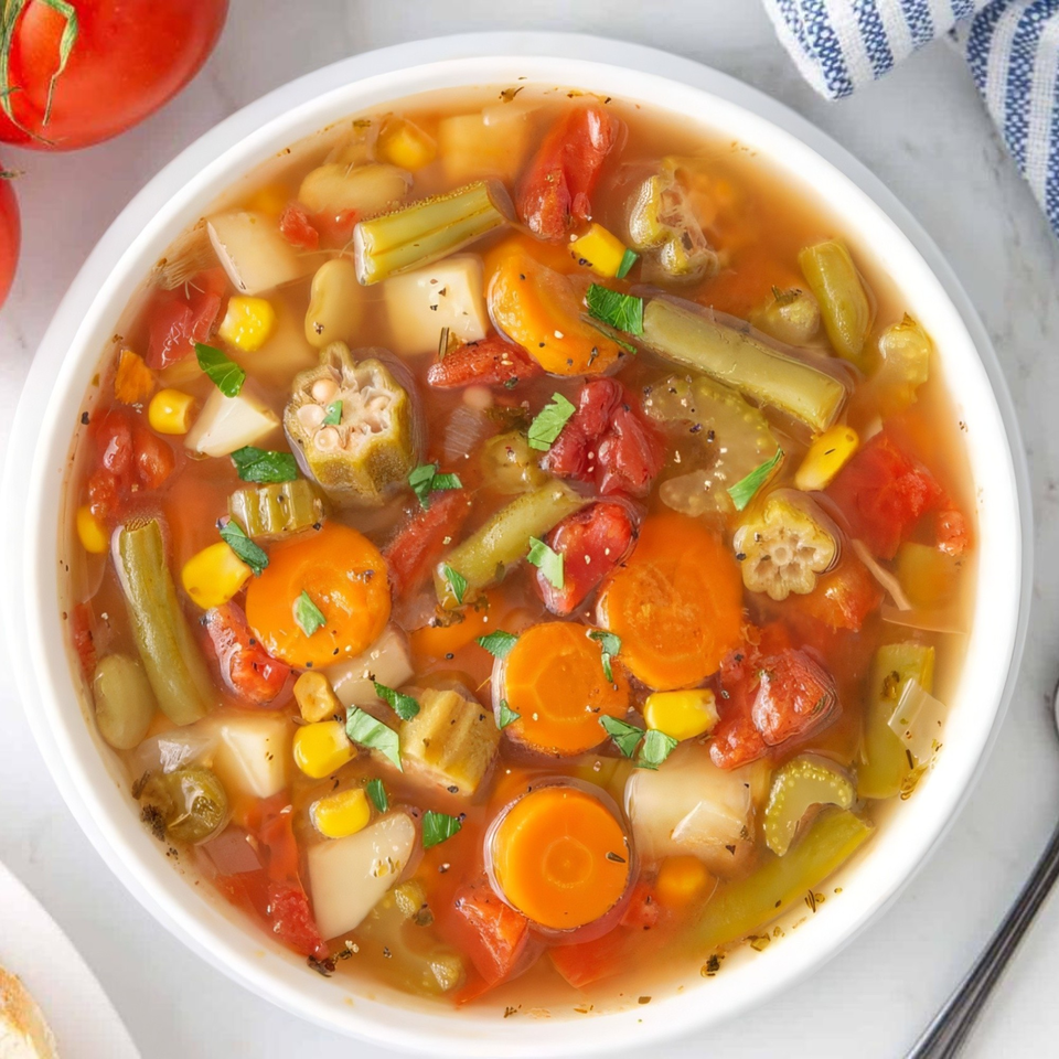 A vibrant bowl of Indian vegetable soup with carrots, okra, tomatoes, corn, and potatoes.